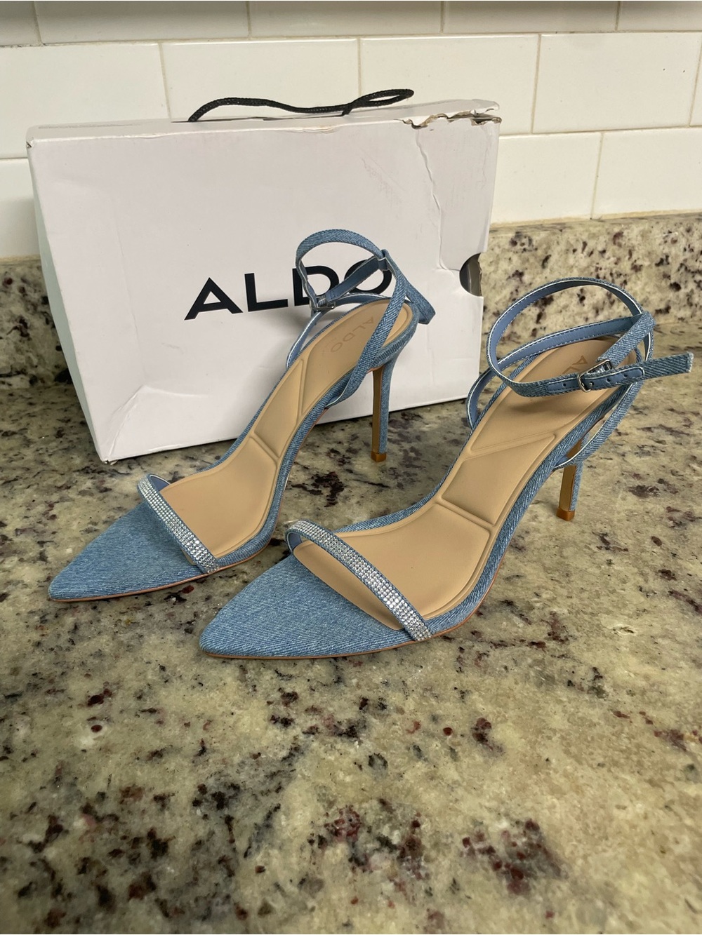 ALDO Blue Denim Rhinestone Strap Pointed Toe Heels denim Jean size 10 pumps